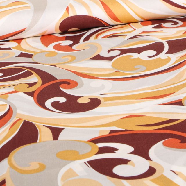 Tissu Viscose satiné Motifs seventies sur fond Ocre