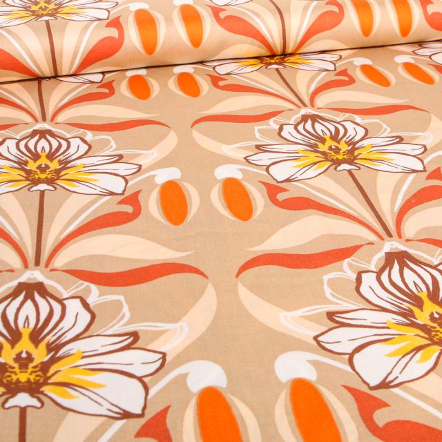 Tissu Viscose satiné Fleur de Lys orange sur fond Beige