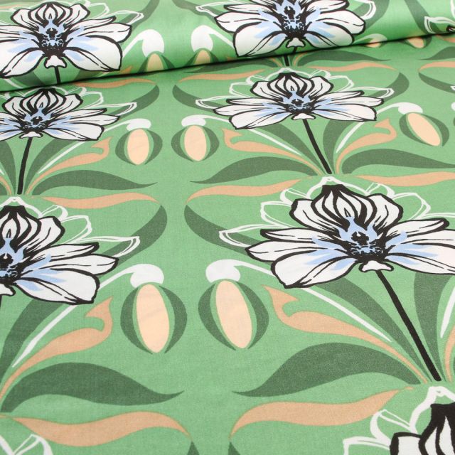 Tissu Viscose satiné Fleur de Lys sur fond Vert menthe