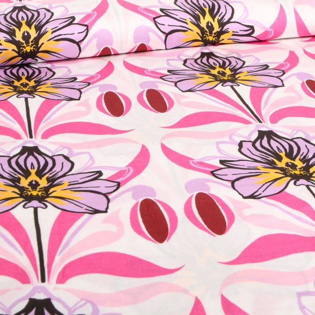 Tissu Viscose satiné Fleur de Lys rose sur fond Blanc