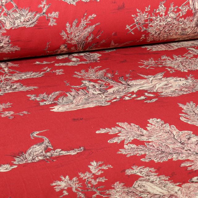 Tissu Toile de Jouy Grande largeur Au fil du temps sur fond Rouge