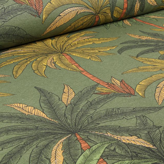 Tissu Toile Coton Lin Golden palm sur fond Vert kaki