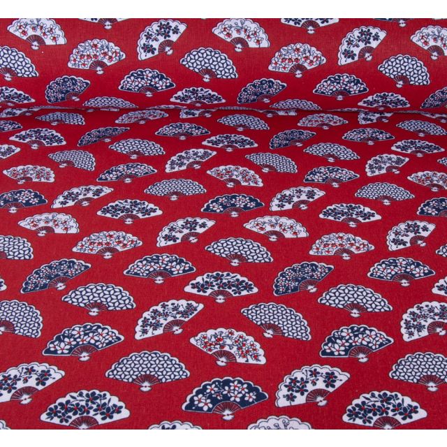 Tissu Coton imprimé Eventails Pekin sur fond Rouge