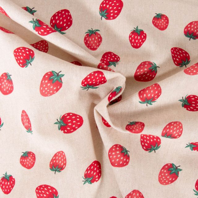 Tissu Toile de Coton aspect lin Fraises rouges sur fond Beige