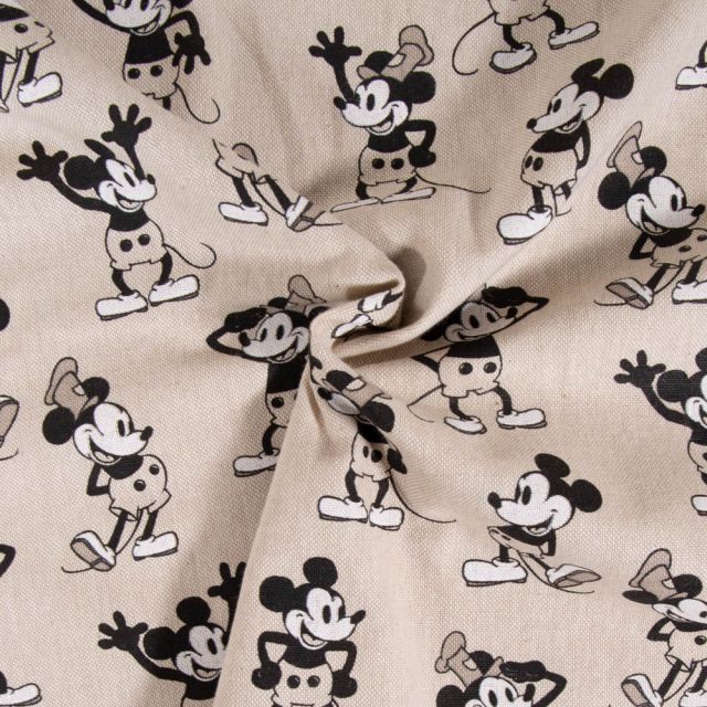 Tissu Toile de Coton aspect lin Mickey sur fond Beige