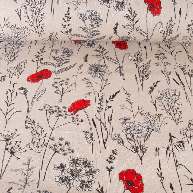 Tissu Toile de Coton aspect lin Plantes et fleurs coquelicot sur fond Beige