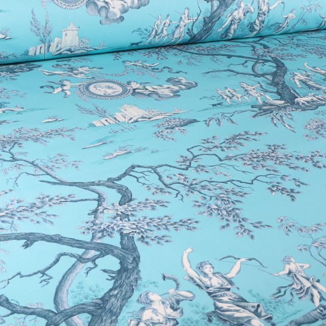 Tissu Toile de Coton grande largeur Camée sur fond Bleu turquoise