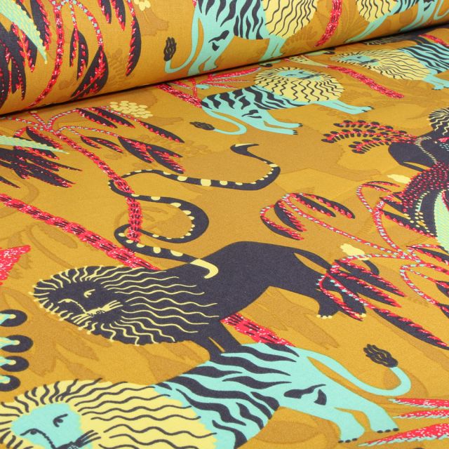 Tissu Toile de Coton Simba sur fond Jaune curry