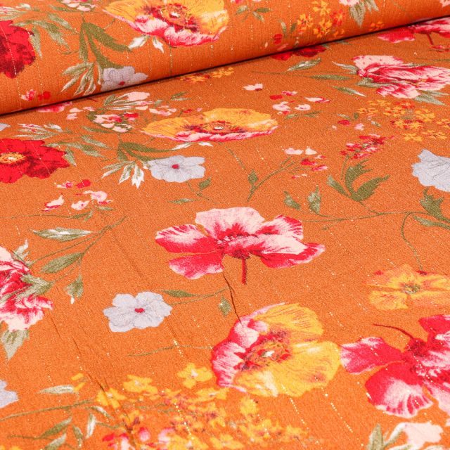 Tissu Viscose texturé Pivoines colorées rayures lurex sur fond Orange