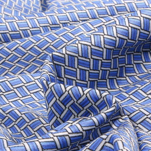 Tissu  Maille Jacquard Zig zag  sur fond Bleu