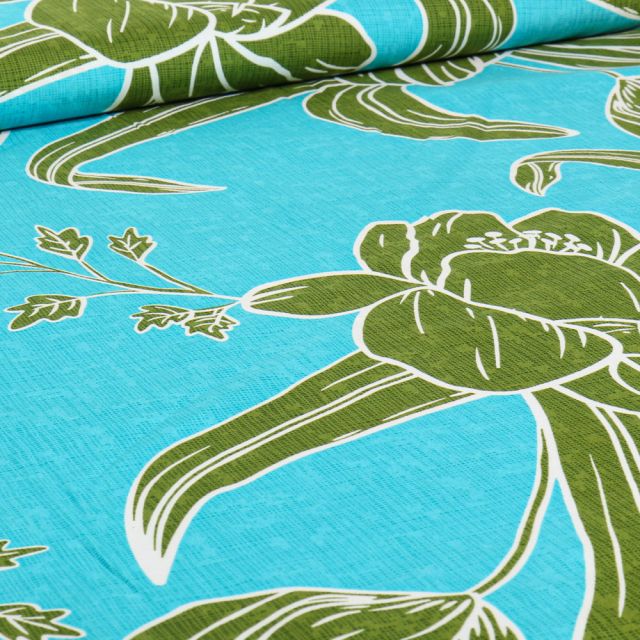 Tissu Viscose Hawa vert sur fond Bleu turquoise