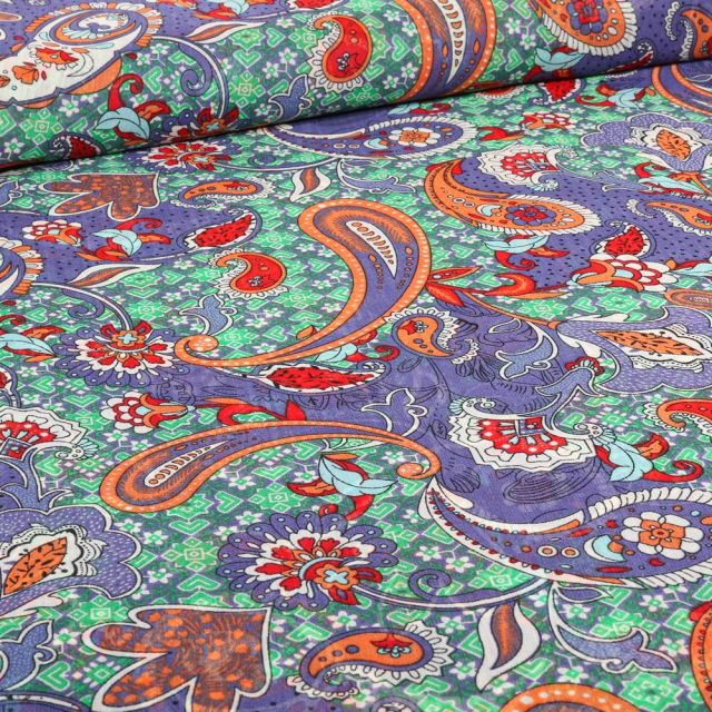 Tissu Mousseline Paisley sur fond Violet