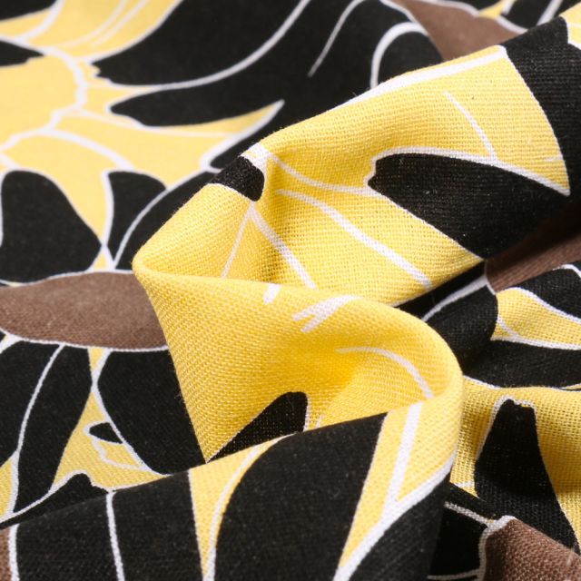 Tissu Viscose Lin Flora XL sur fond Jaune