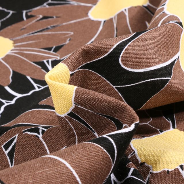 Tissu Viscose Lin Flora XL marron sur fond Noir