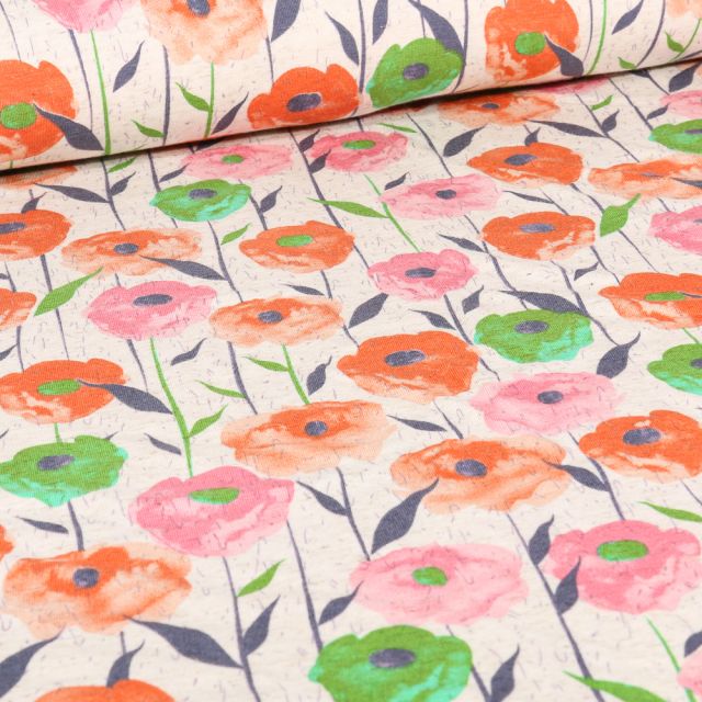 Tissu Jersey Viscose Lin Coquelicots rouges et verts sur fond Naturel