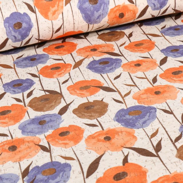 Tissu Jersey Viscose Lin Coquelicots Lena sur fond Naturel