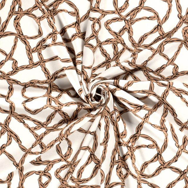 Tissu Viscose Twill Abstrait Beige sur fond Ecru - Par 10 cm