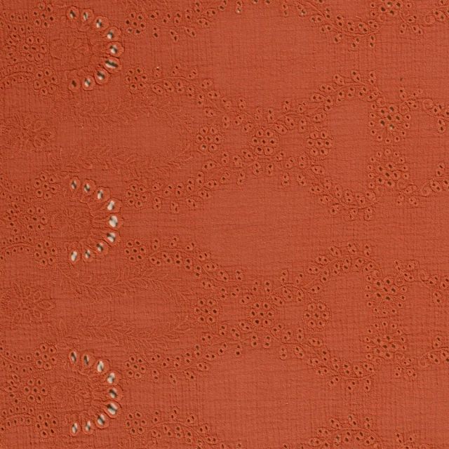 Tissu Double gaze de coton brodé ajouré Terracotta