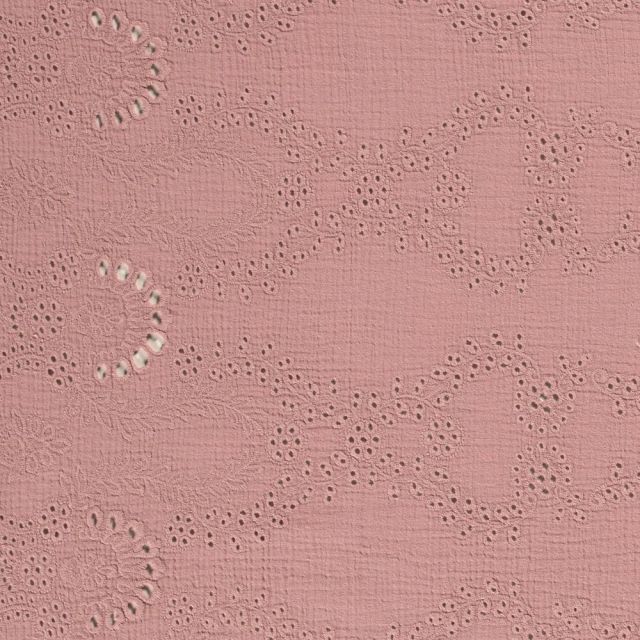 Tissu Double gaze de coton brodé ajouré Vieux rose