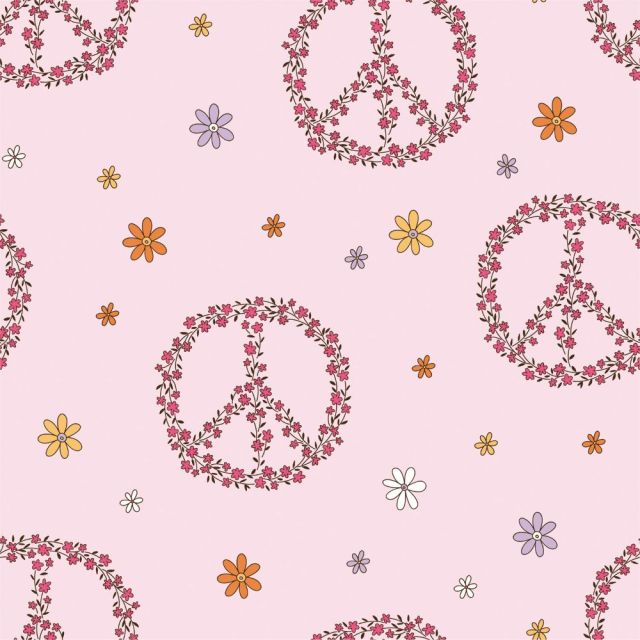 Tissu Jersey Coton Peace fleuris sur fond Rose clair