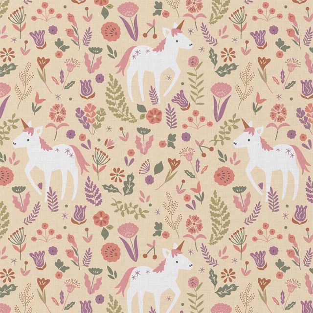 Tissu Coton imprimé Arty Jolicorn licorne sur fond Rose pâle