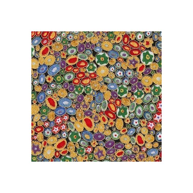 Tissu Coton Robert Kaufman Gustav Klimt galets fleuris sur fond Multicolore - Par 10 cm