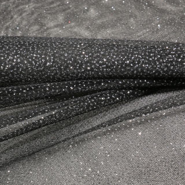 Tissu Tulle Strass Paillettes Argent sur fond Noir