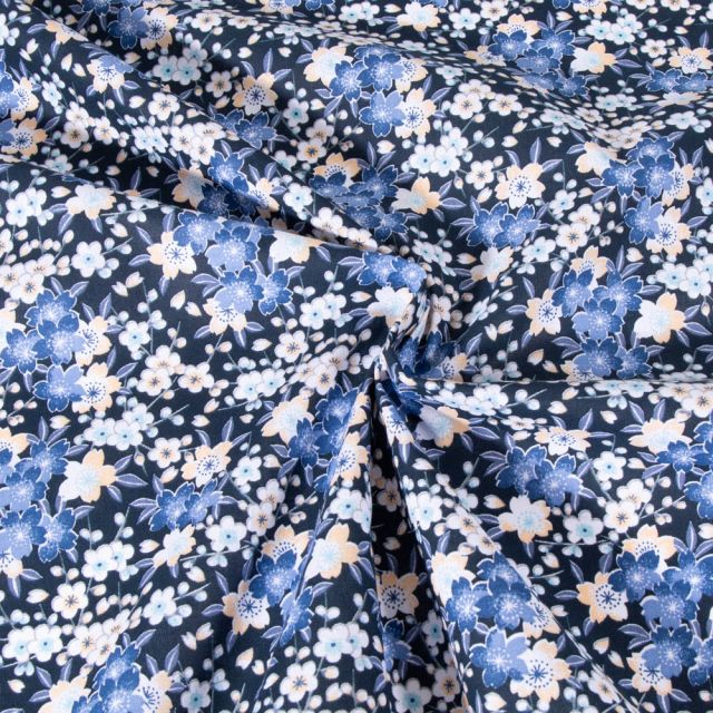 Tissu Coton imprimé Arty Floral Lia sur fond Bleu marine