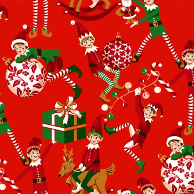 Tissu Coton imprimé Lutin de Noël sur fond Rouge