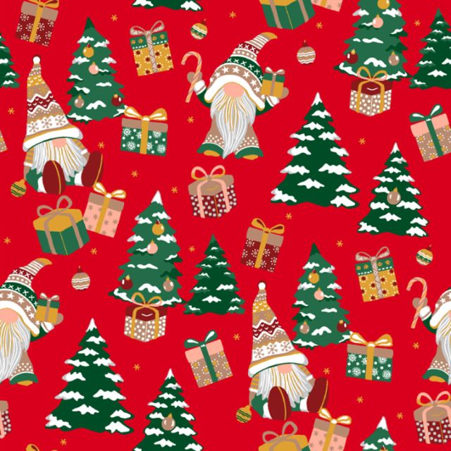 Tissu Coton imprimé Gnomes de Noël sur fond Rouge