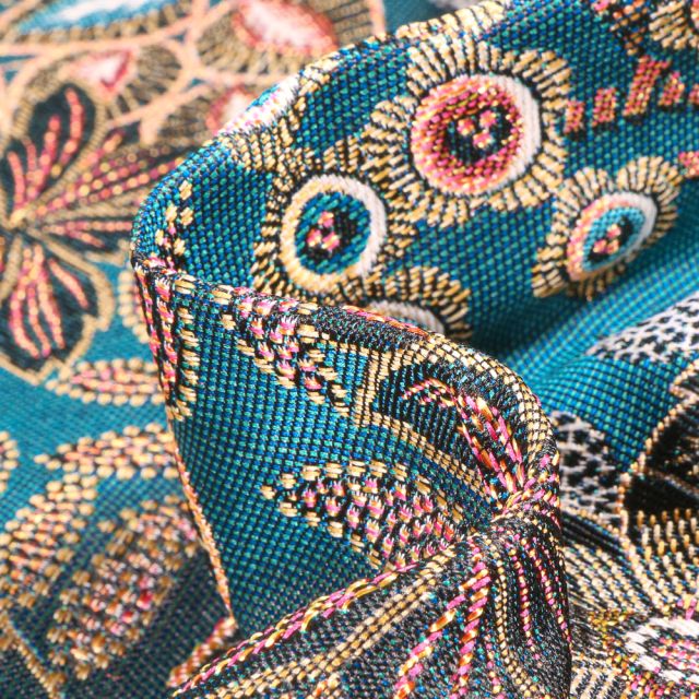 Tissu Jacquard Parade sur fond Bleu turquoise