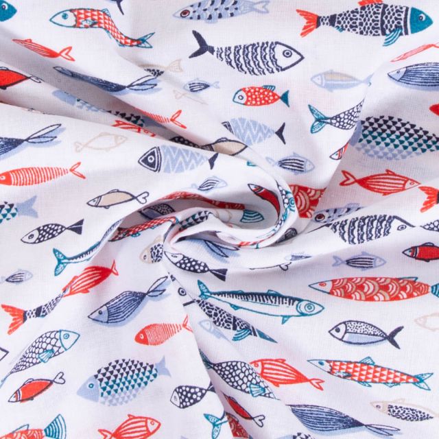 Tissu Coton imprimé Arty Poissons sur fond Blanc