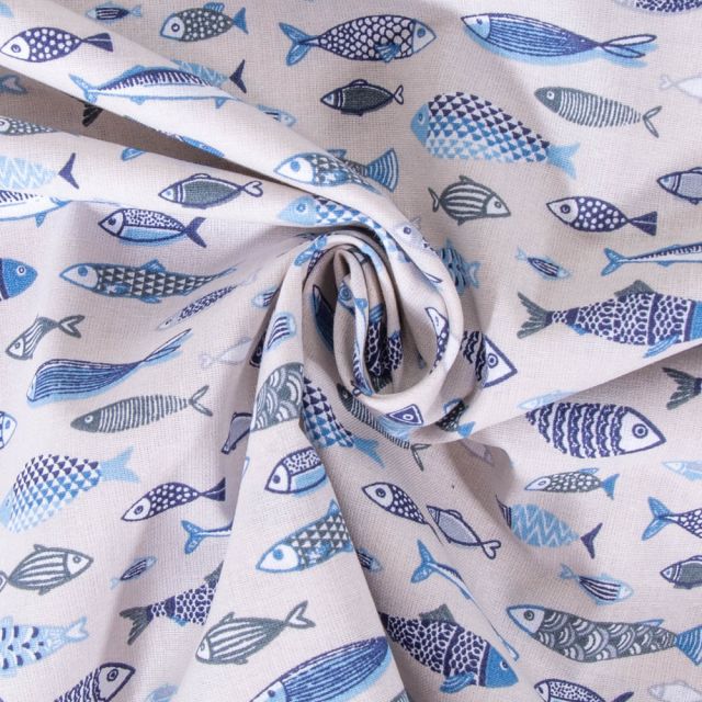 Tissu Coton imprimé Arty Poissons bleus et blancs sur fond Gris