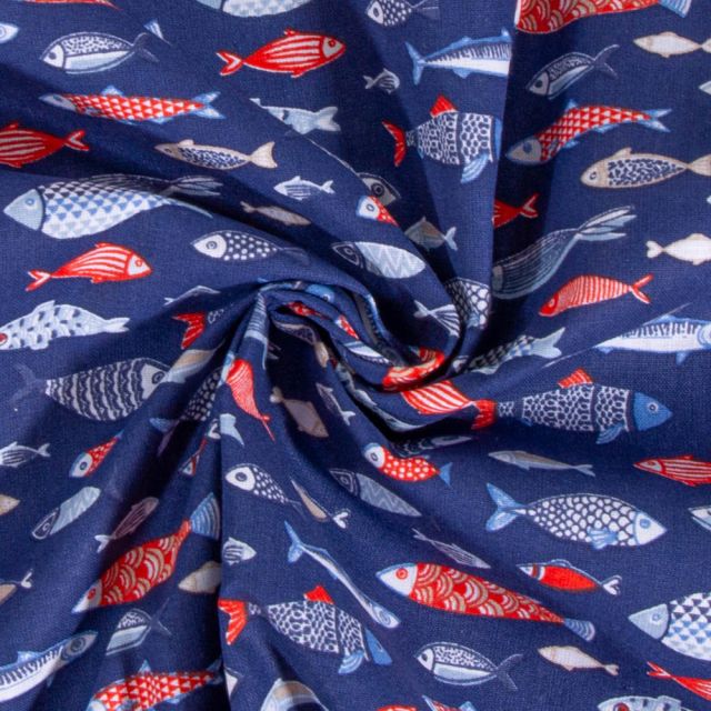 Tissu Coton imprimé Arty Poissons bleus et rouges sur fond Bleu marine