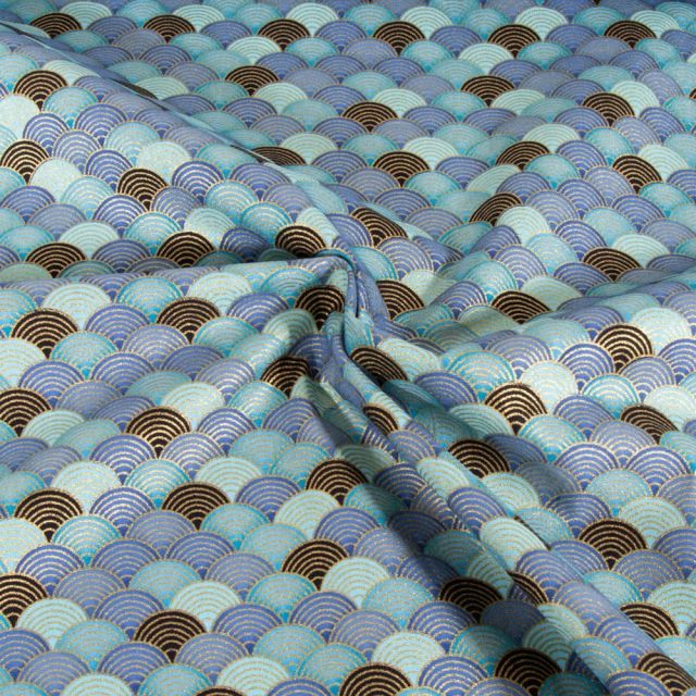 Tissu Coton imprimé Arty Eventails dorés et bleus sur fond Bleu