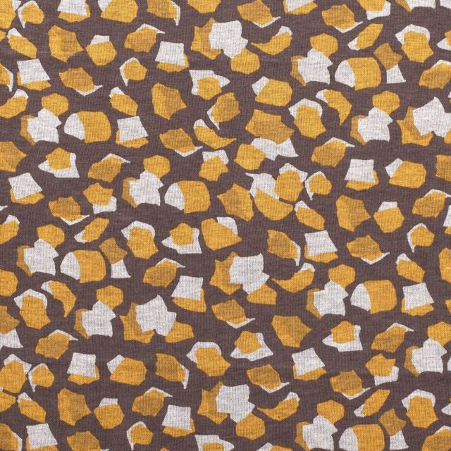 Tissu Maille jersey polyviscose Tâches géométrique moutarde et blanches sur fond Taupe - Par 10 cm