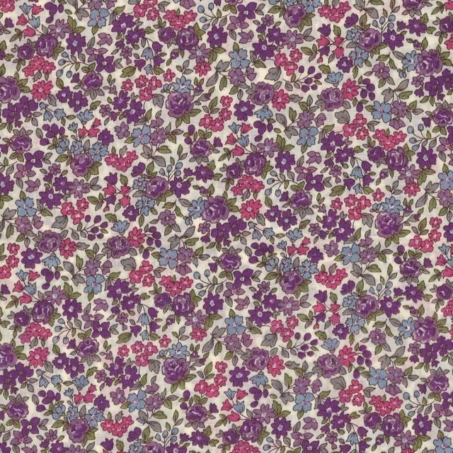 Tissu Coton Frou-Frou Fleuri N°11 Ecru et violet - Par 10 cm