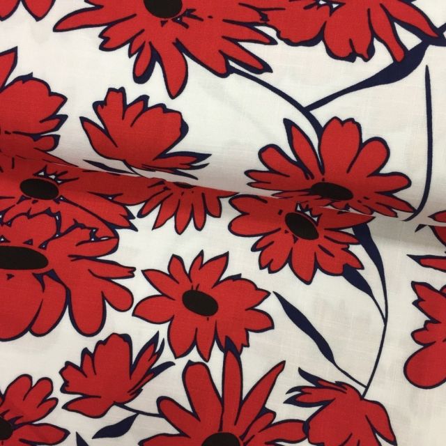 Tissu Viscose aspect lin Blanc Fleurs Rouges - Par 10 cm