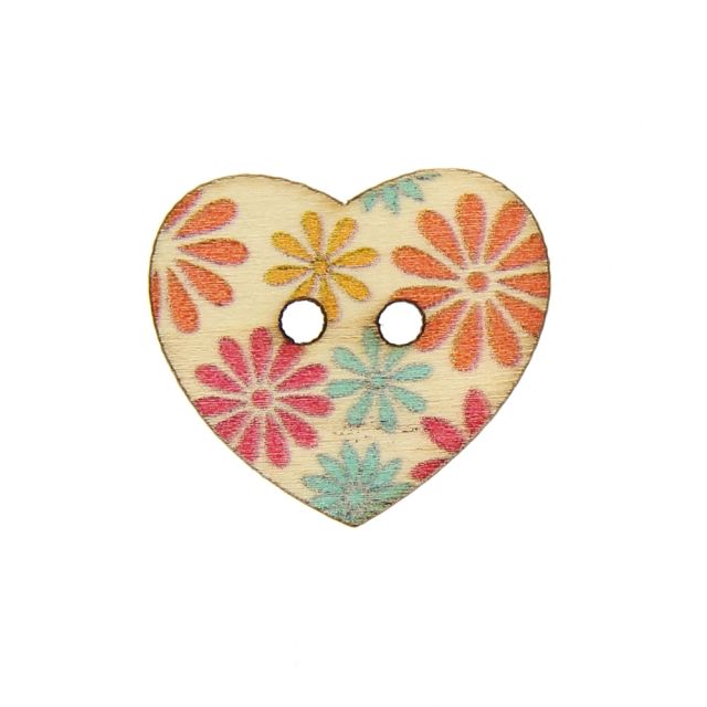 Bouton Cœur en bois 25 mm - Fleurs colorées