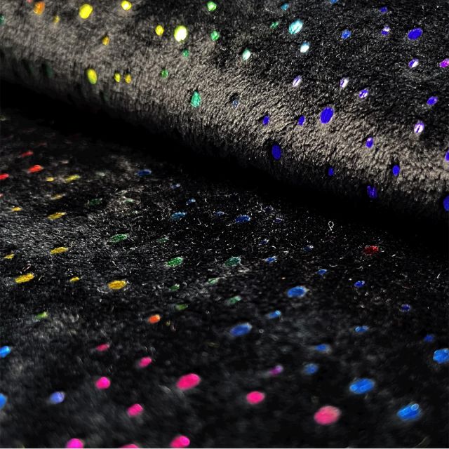 Tissu Jersey Velours tout doux Pois multicolores métallisés sur fond Noir