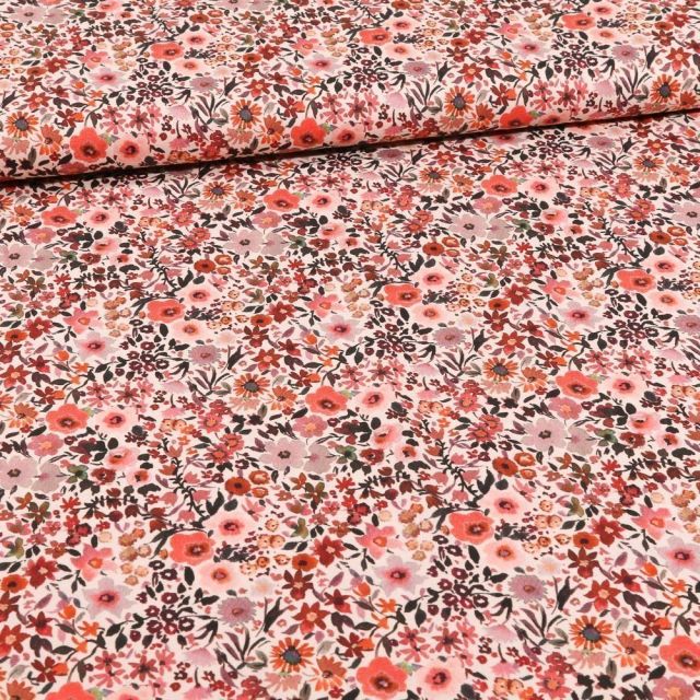 Tissu Coton imprimé Pâquerettes rose sur fond Blanc - Par 10 cm