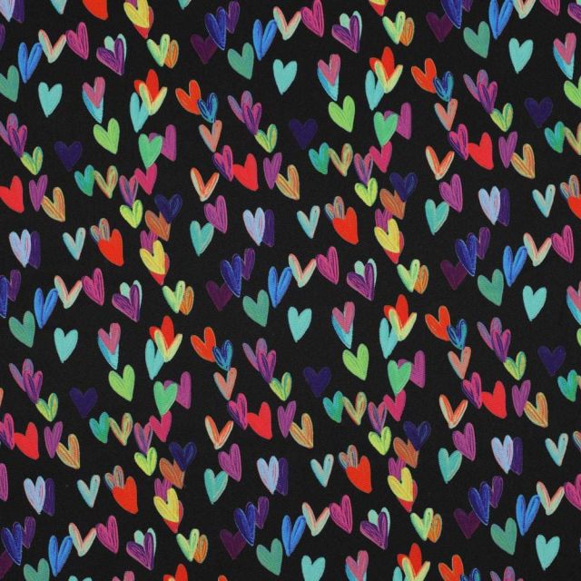 Tissu Softshell Digital Poppy Coeurs multicolores sur fond Noir
