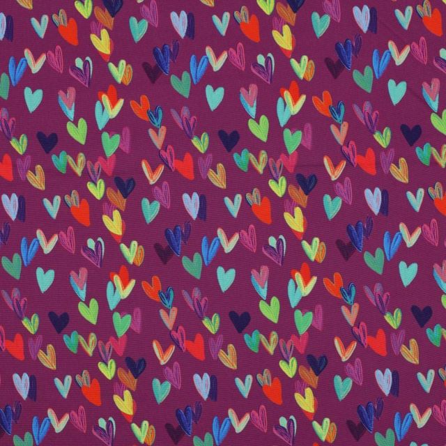 Tissu Softshell Digital Poppy Coeurs multicolores sur fond Pourpre
