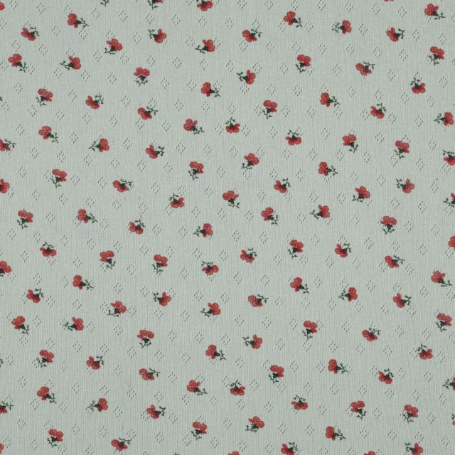 Tissu Jersey Coton ajouré Petites roses rouges sur fond Vert menthe