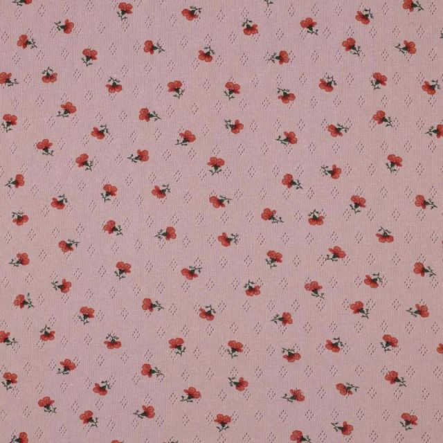 Tissu Jersey Coton ajouré Petites roses rouges sur fond Rose