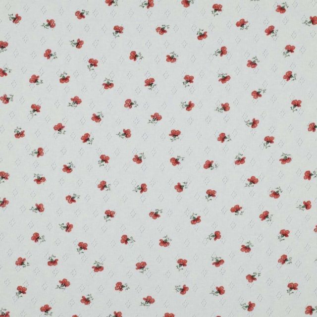 Tissu Jersey Coton ajouré Petites roses rouges sur fond Blanc