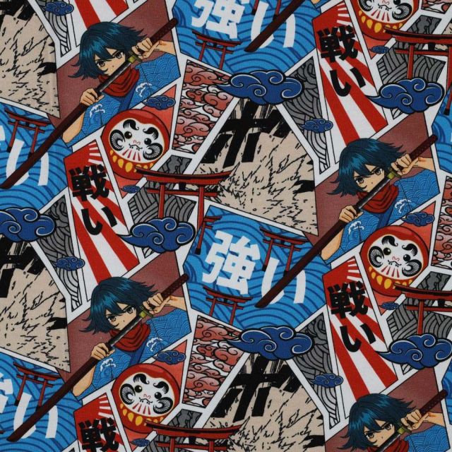 Tissu Jersey Coton digital Manga rouge sur fond Bleu