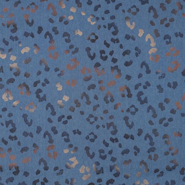 Tissu Chambray Coton imprimé Carina léo sur fond Bleu denim
