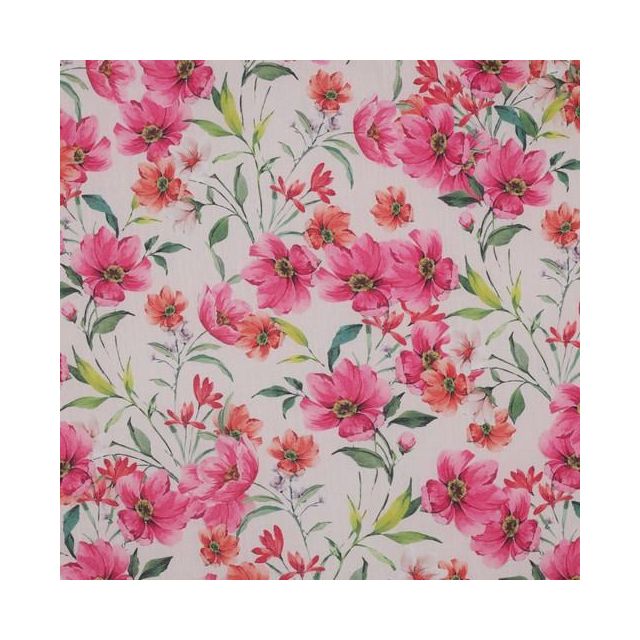 Tissu Voile de Coton digital Fleuris rose sur fond Blanc