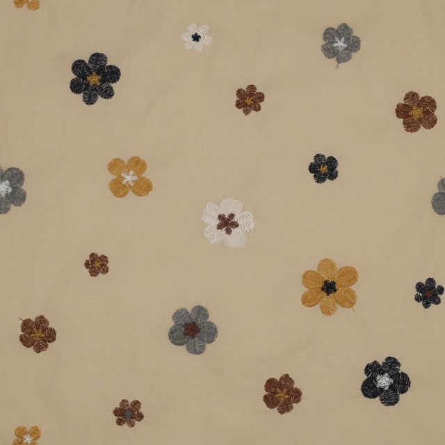Tissu Voile de coton brodé Petites fleurs sur fond Beige